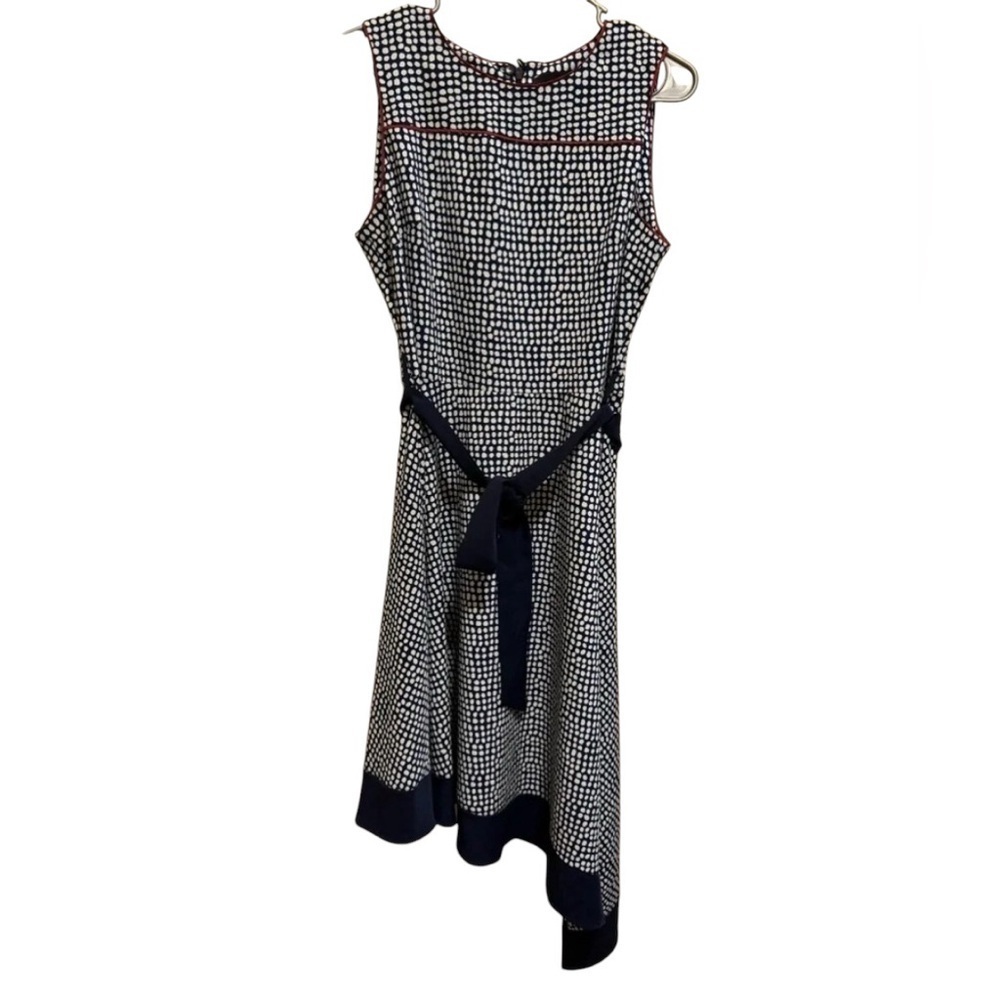 Simply Styled Navy Blue White Polka Dot Asymmetrical Dress Red Trim Sz 10